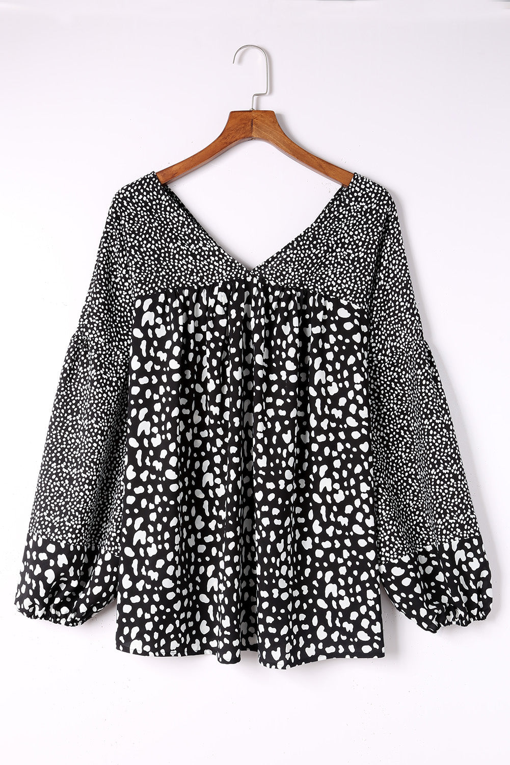 Black V Neck Cheetah Mixed Print Plus Size Blouse