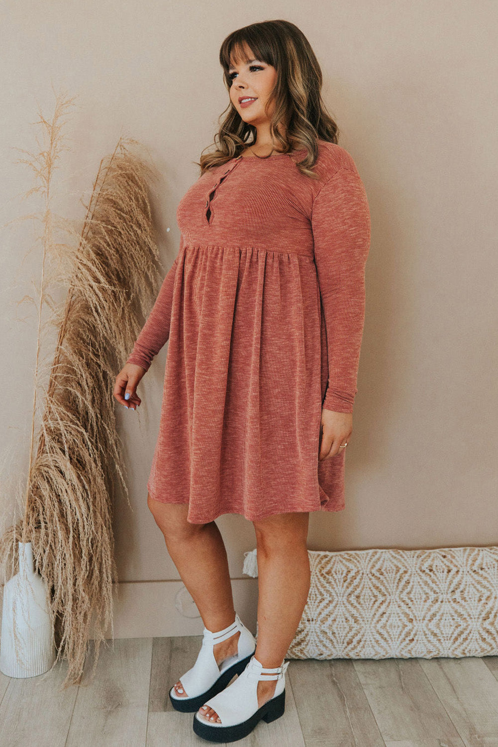 Red Plus Size Mineral Washed Ribbed Henley Dress