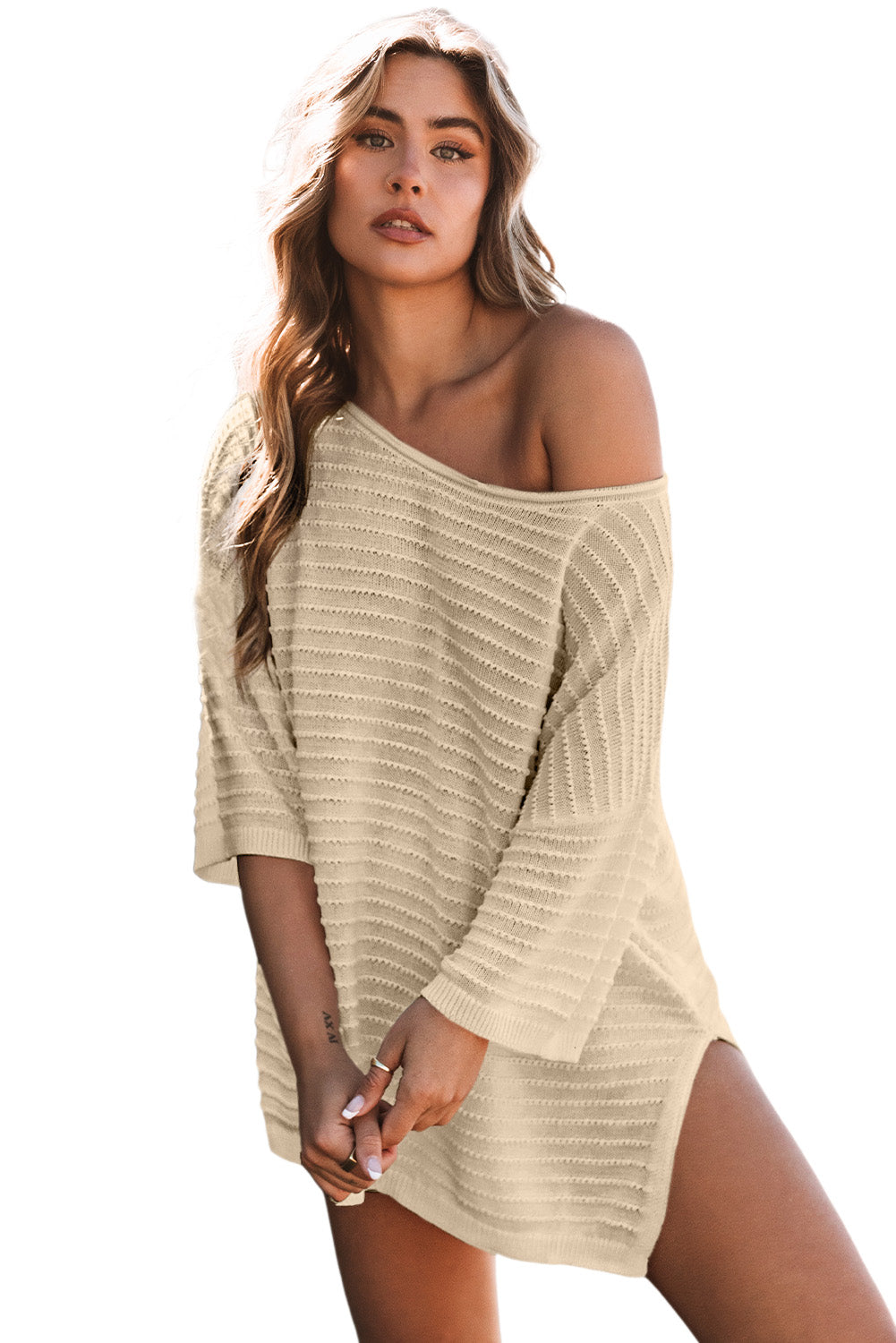 Apricot Textured Knit Drop Shoulder Tee