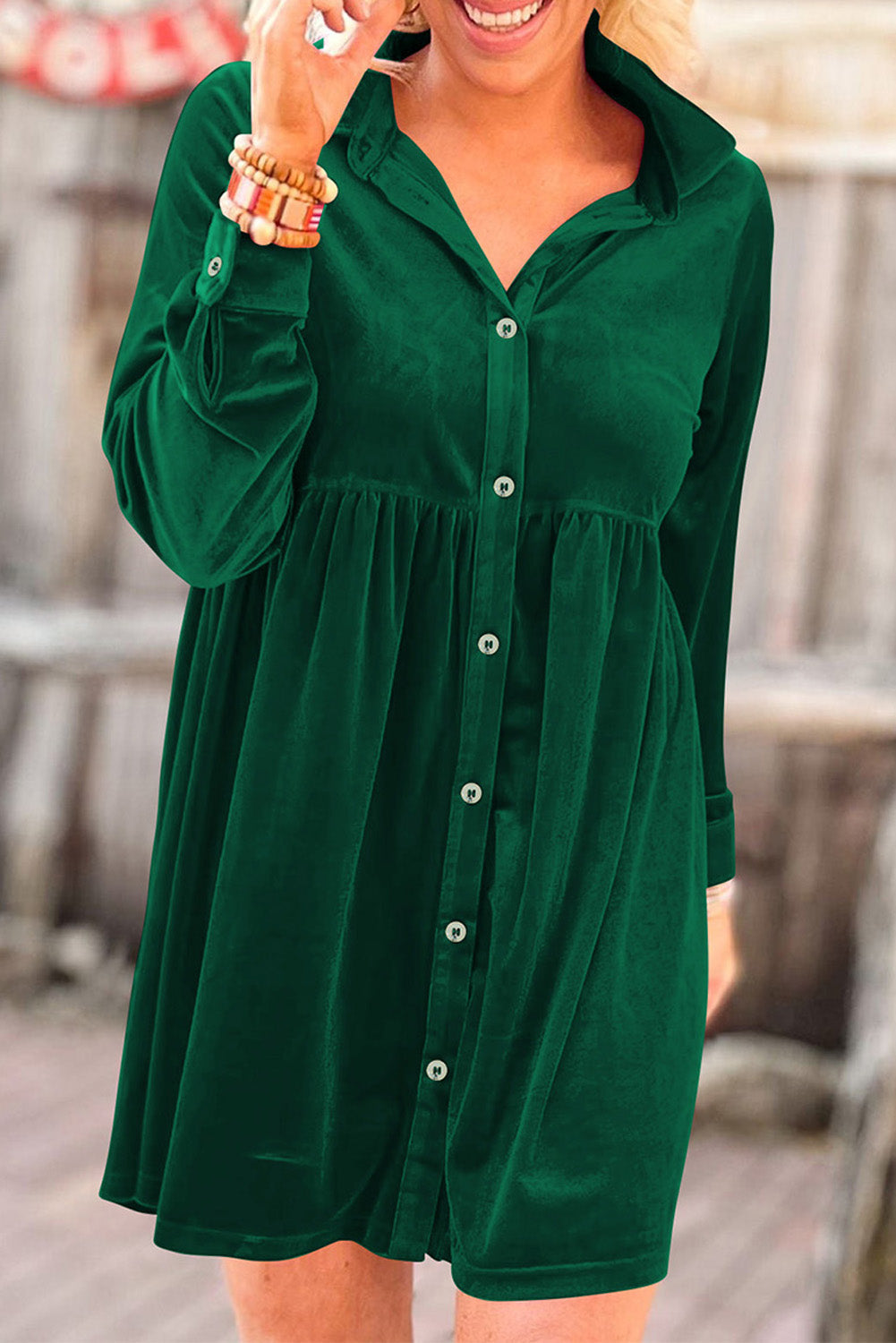 Rose Long Sleeve Ruffle Velvet Button Up Dress