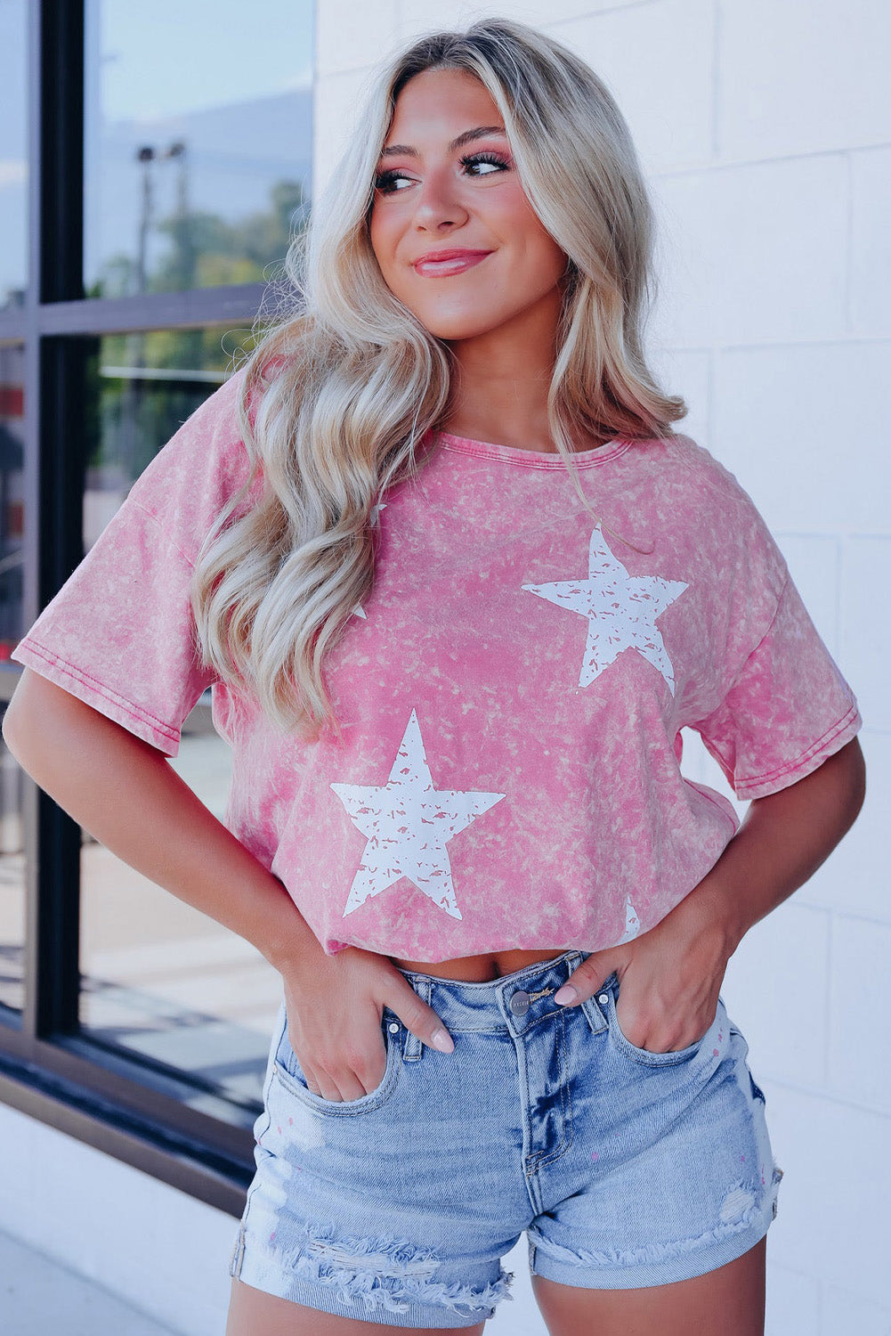 Pink Vintage Star Printed Mineral Wash Graphic Tee