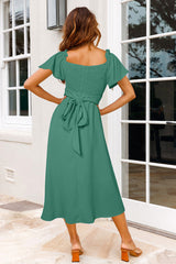 Green Off-shoulder Smocked Tie Back Midi Dress