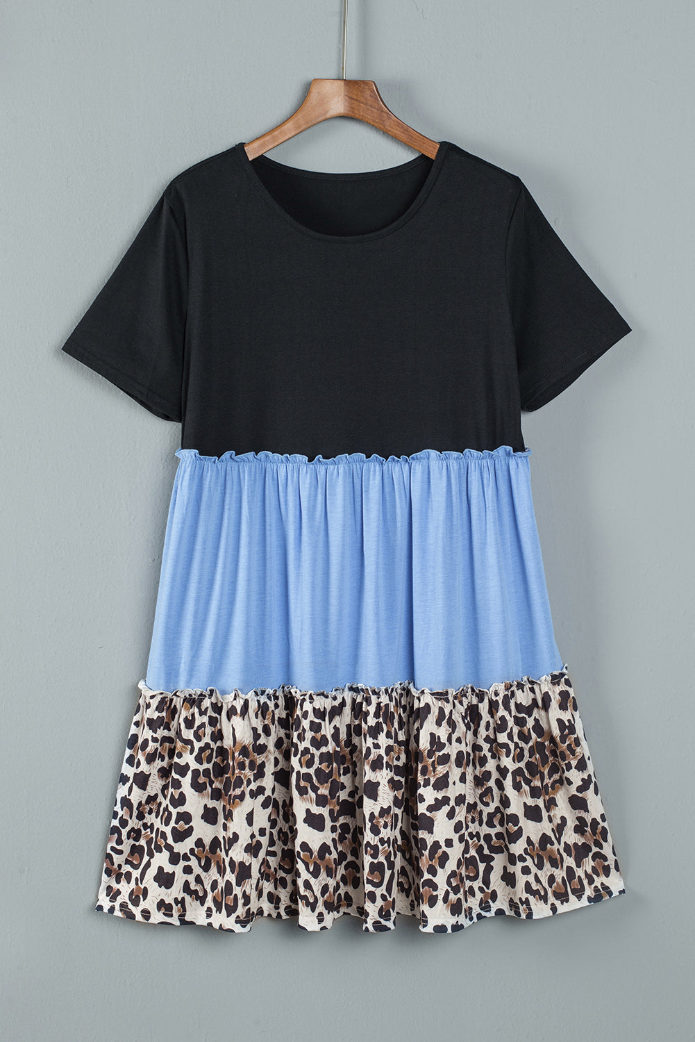 Sky Blue Colorblock Leopard Patchwork T Shirt Plus Size Dress