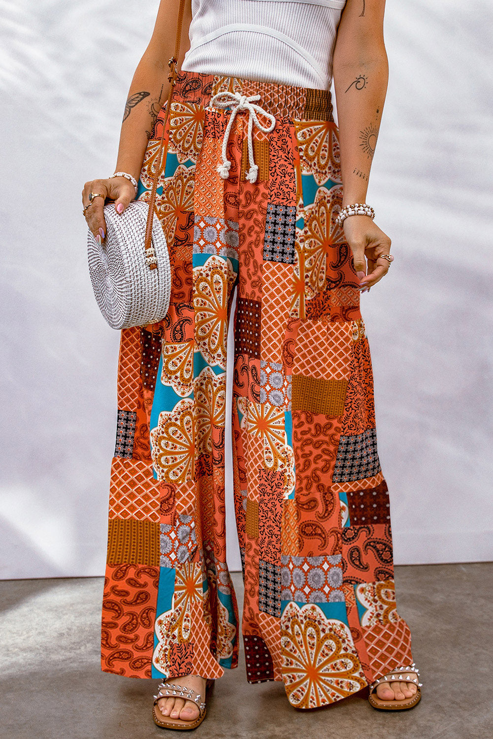 Orange Boho Patchwork Print Drawstring Wide Leg Pants