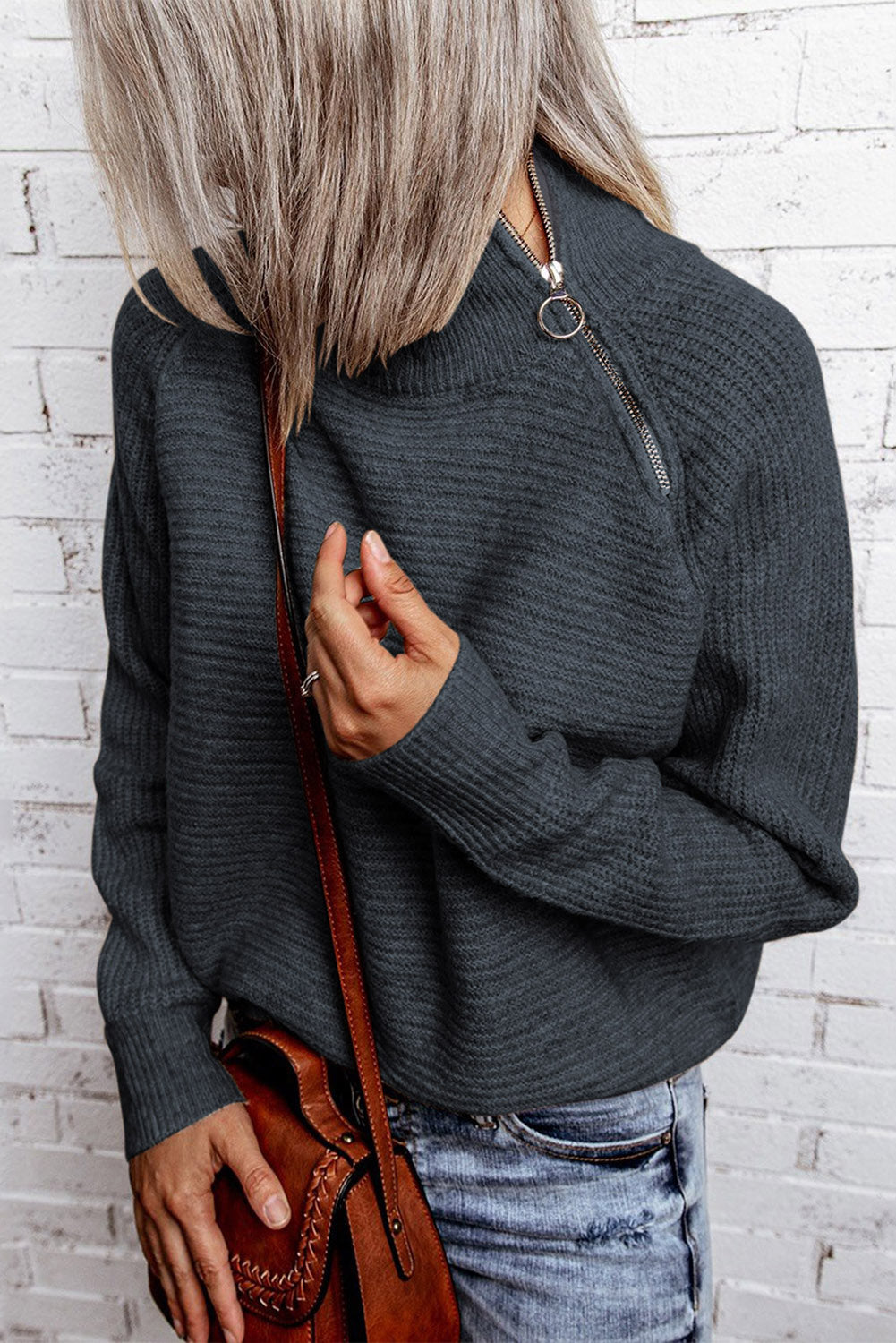 Brown Zip Knitted High Neck Sweater