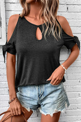 Black Knotted Cold Shoulder Sleeve Keyhole Front T Shirt