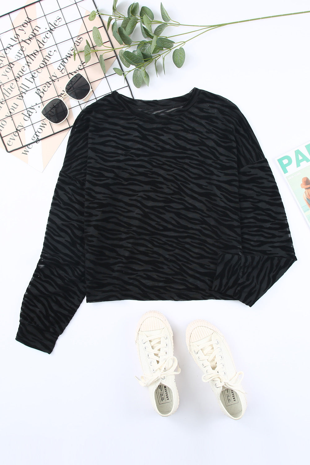 Black Zebra Print Drop Shoulder Long Sleeve Top