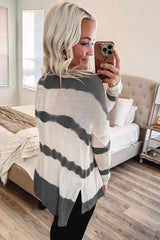 Gray Tie Dye Striped Loose Knitted Long Sleeve Top with Slits