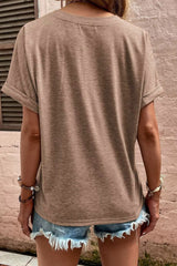 Khaki Button V Neck Rolled Sleeve T Shirt