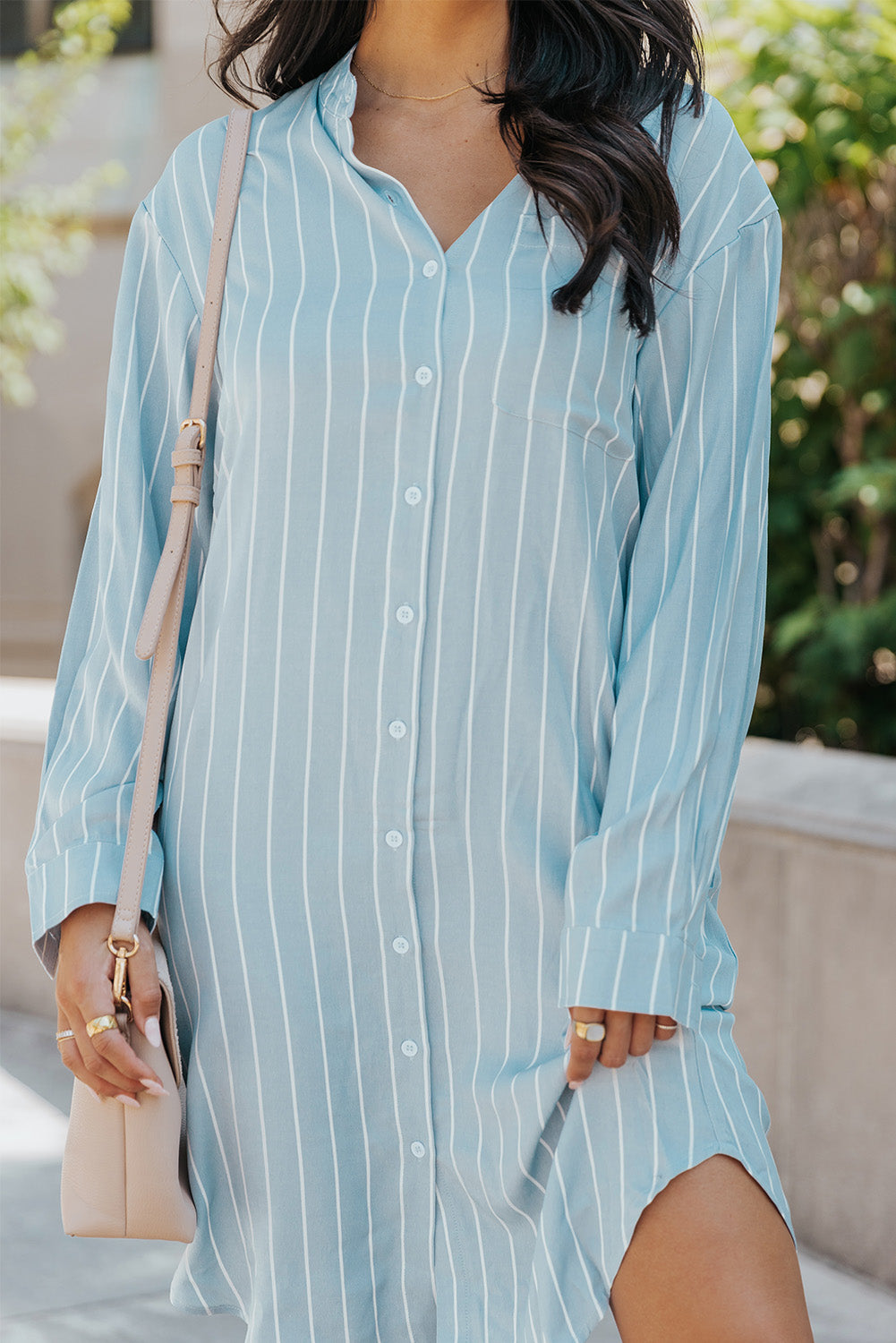 Sky Blue Striped Shirt Midi Dress with Sash