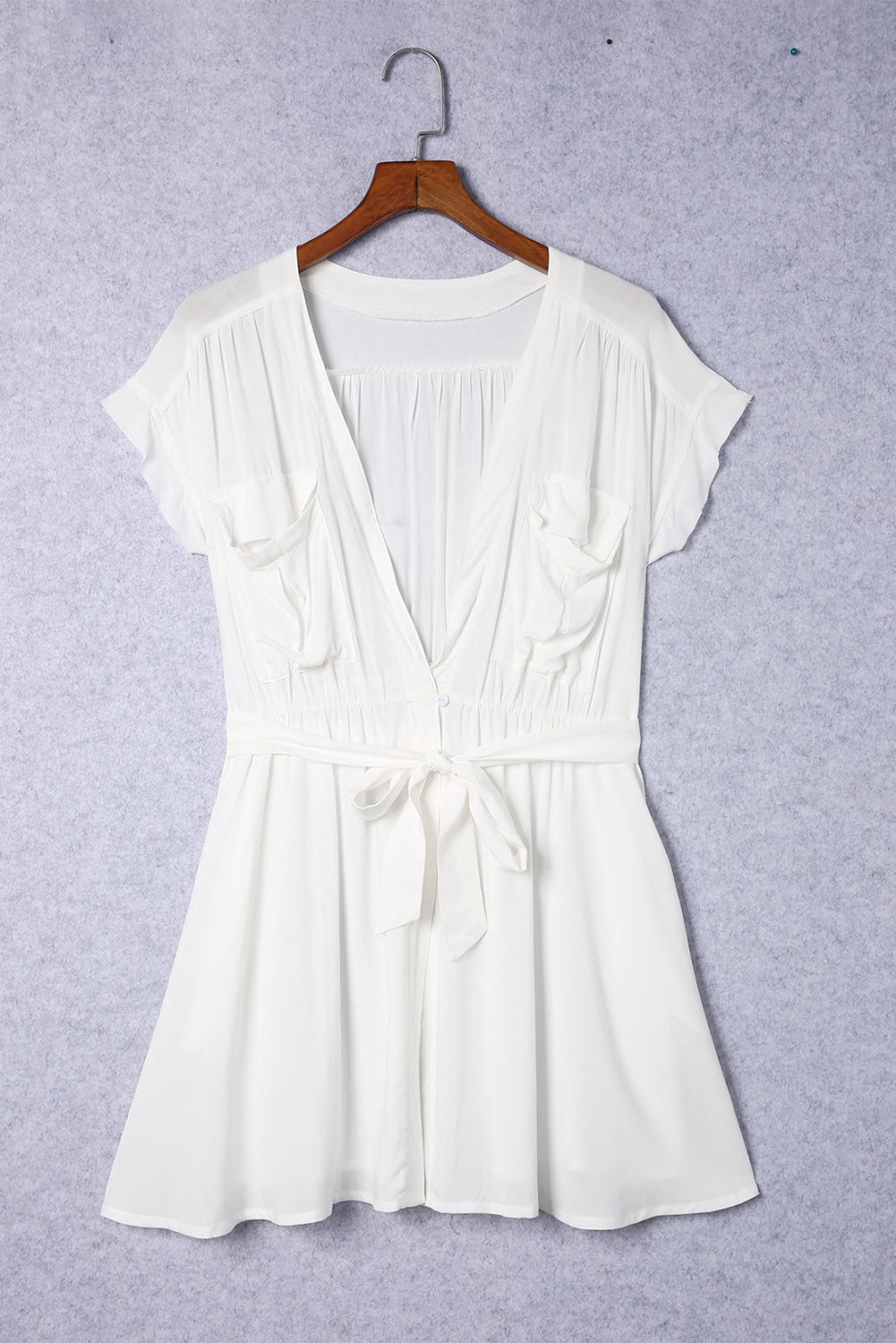 White Flap Chest Pockets Open Front Beach Cover-up with Belt