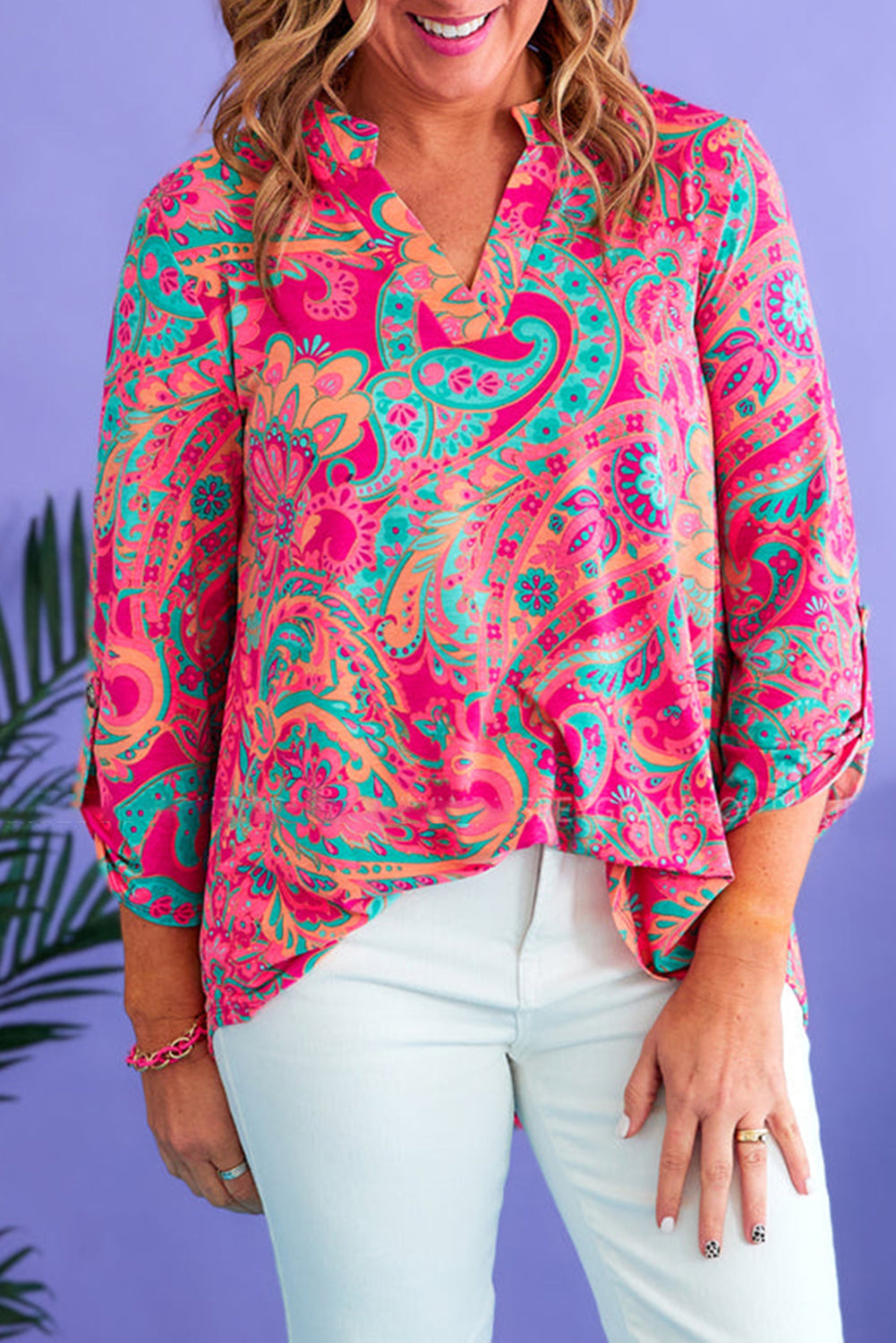 Rose Plus Size Paisley Print V Neck Roll Tab Sleeve Blouse