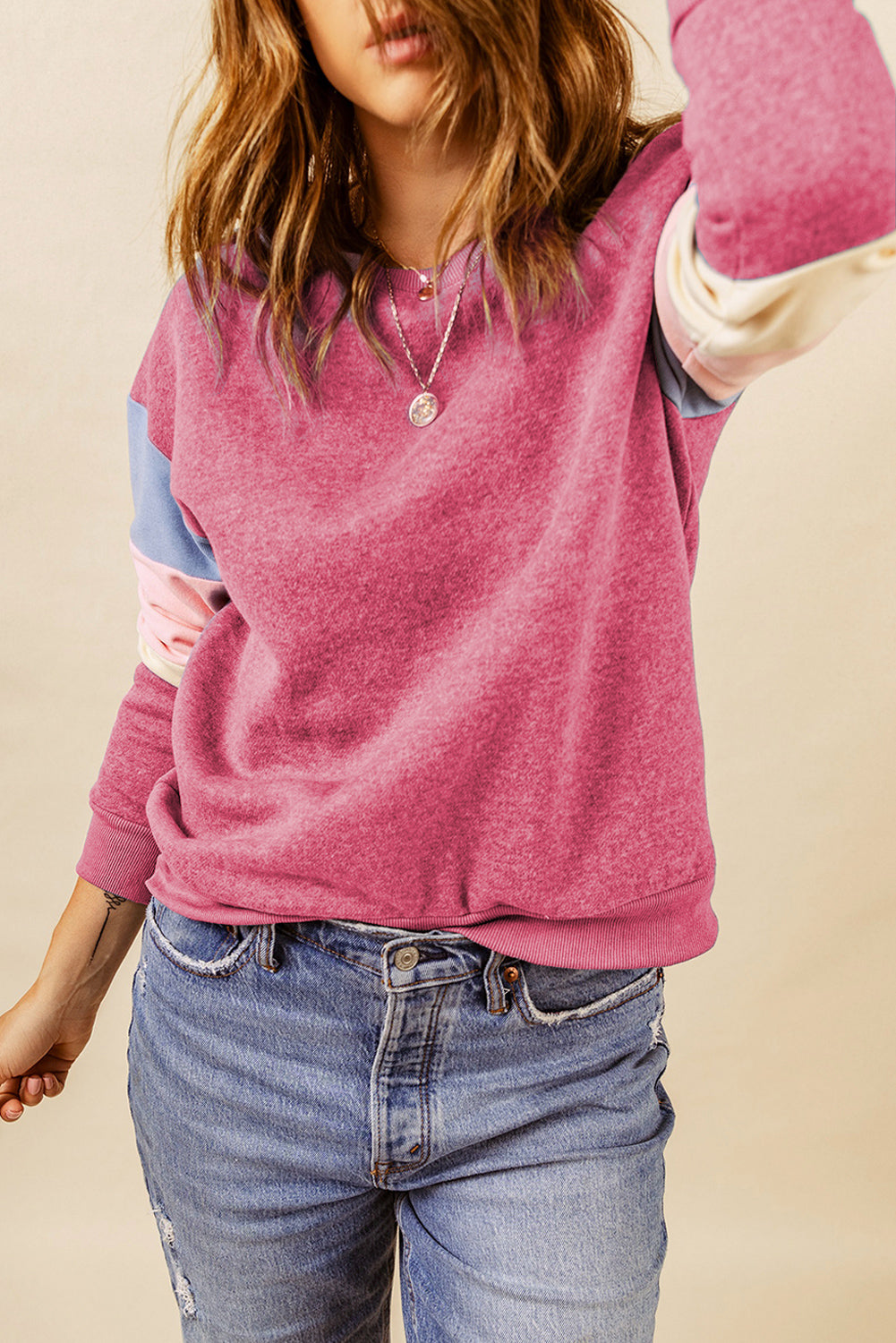 Blue Colorblock Long Sleeve Pullover Sweatshirt