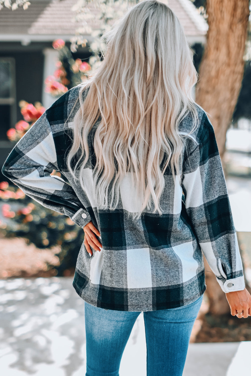 Khaki Plaid Print Buttoned Shirt Coat with Pocket