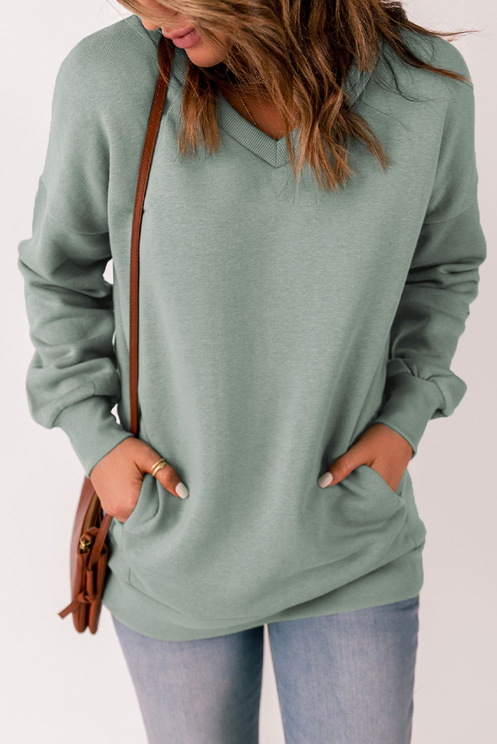Gray Ribbed V Neck Drop Shoulder Sweatshirt