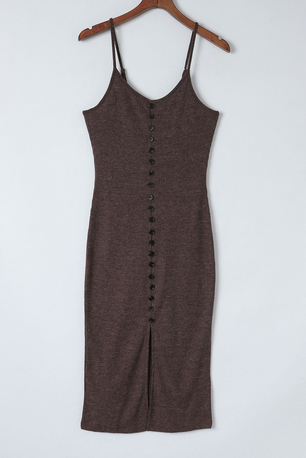 Brown Buttoned Ribbed Knit Sleeveless Midi Dress with Slit