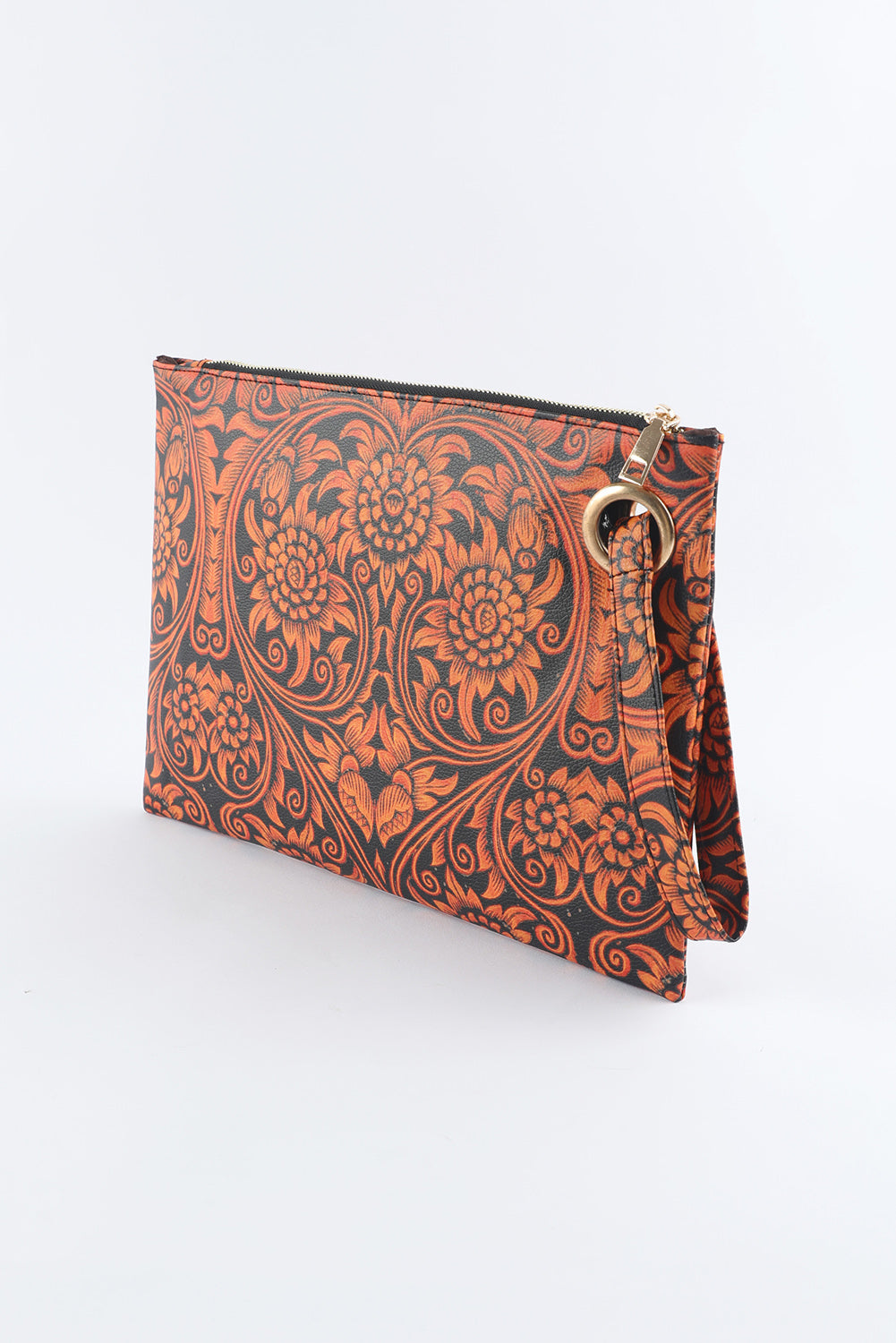 Red Vintage Floral Print PU Leather Wristlet Clutch