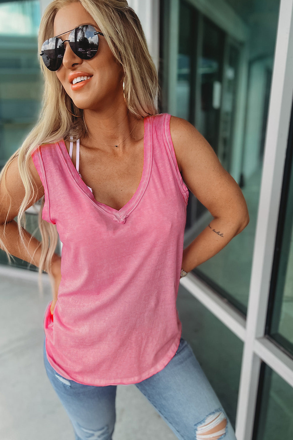 Pink Plain Seamed V Neck Tank Top