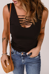 Black Lace up Hollow-out Neck Solid Tank Top