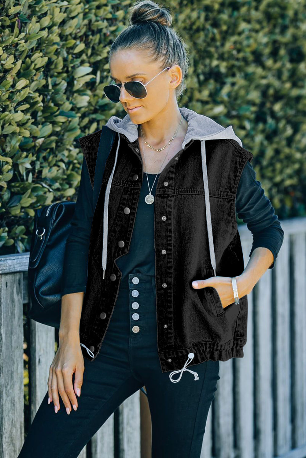 Black Solid Color Hooded Denim Vest Jacket