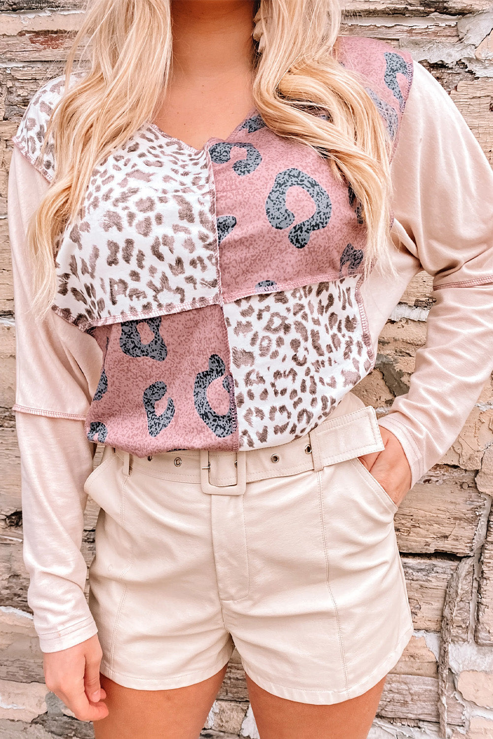 Leopard Splicing V Neck Long Sleeve Top