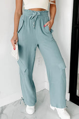 Green Frill Drawstring Waist Crinkle Cargo Pants