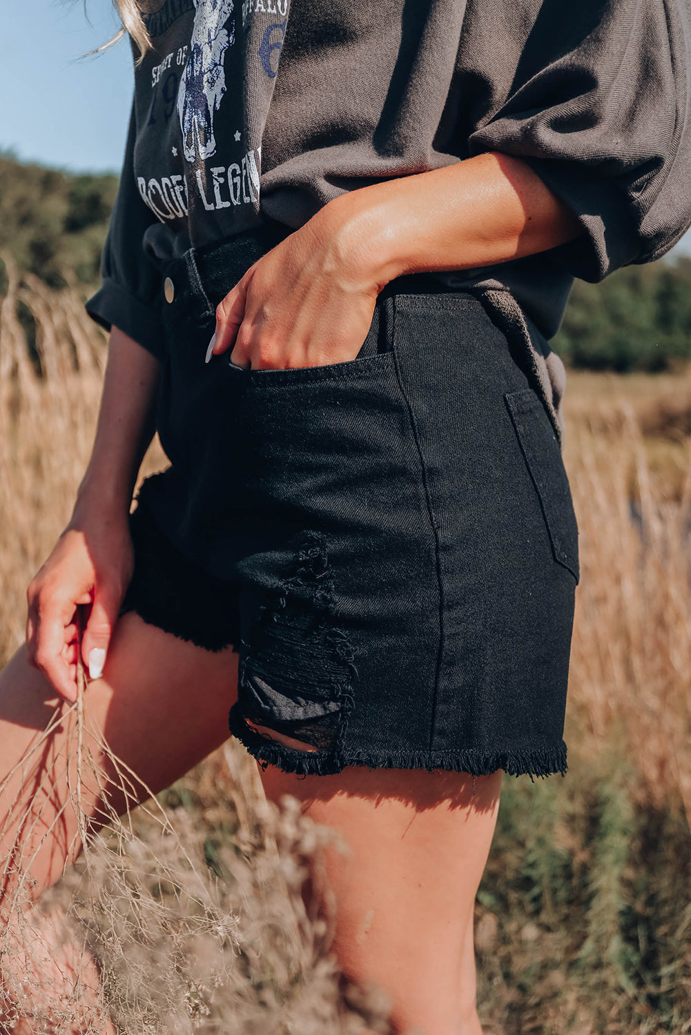 Black Asymmetrical Ripped Denim Shorts