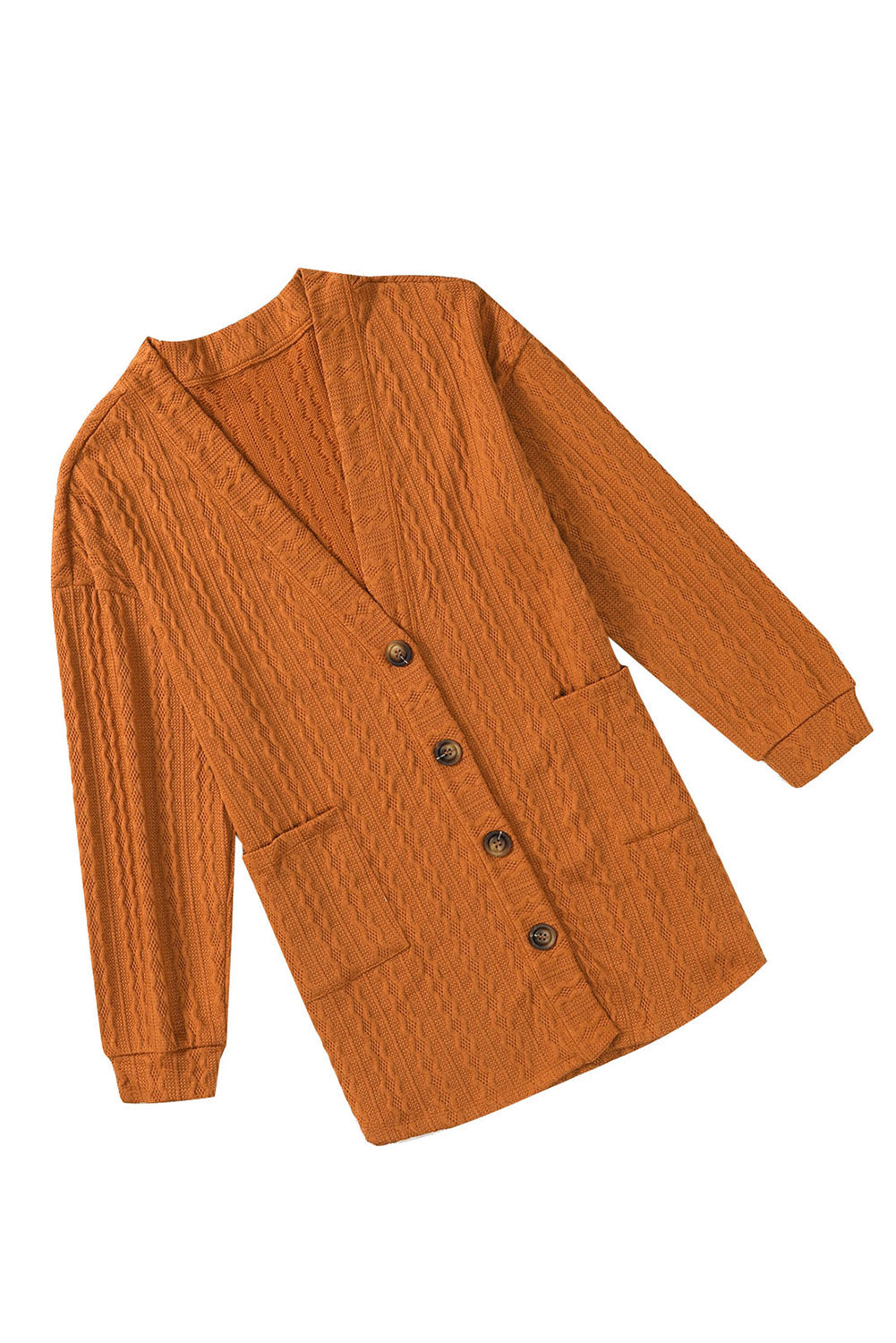 Brown Button Front Pocketed Cable Knit Cardigan