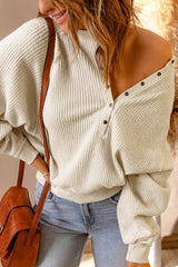 Beige Snap Button V-Neck Waffle Knit Top