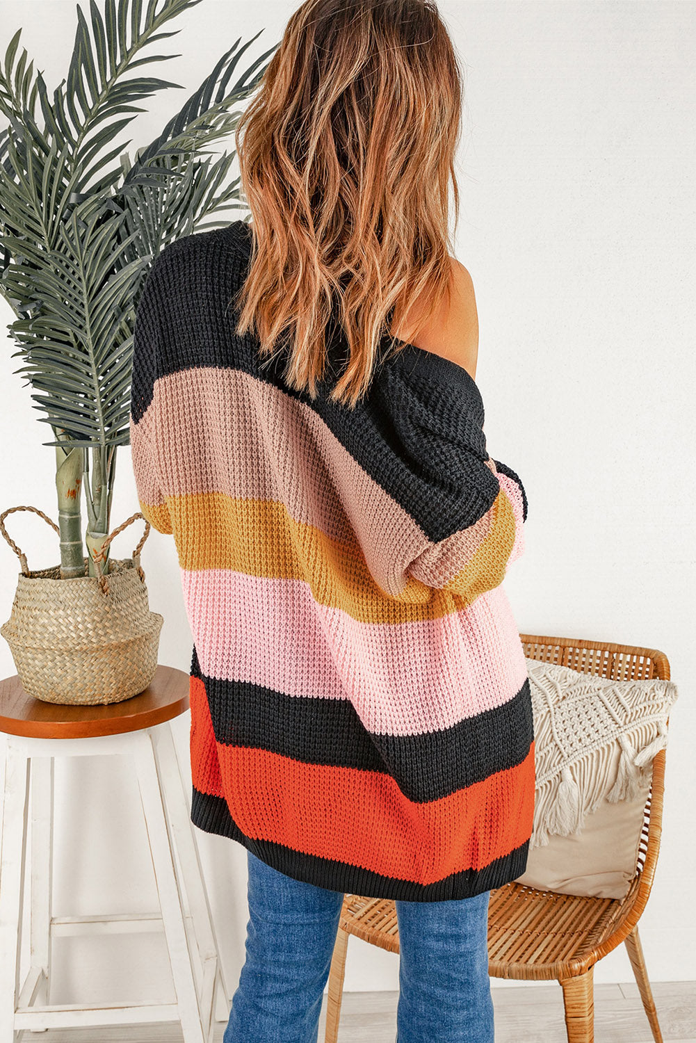 Multicolor Waffle Knit Color Block Open Front Cardigan