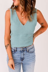 Green V Neck Rib Knit Tank Top