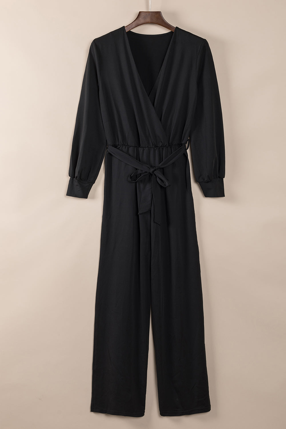 Black V Neck Wrap Waist Tie Long Sleeve Jumpsuit