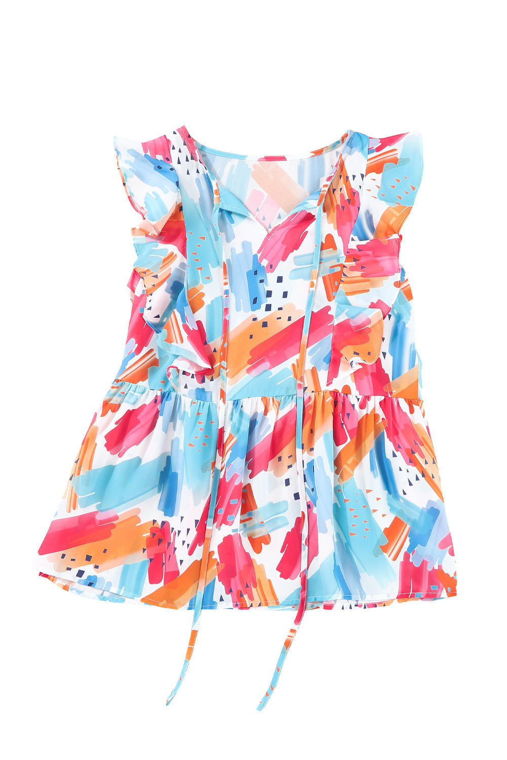 Multicolor Abstract Print V Neck Ruffled Tank