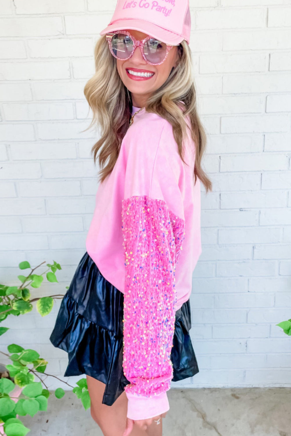 Pink Sequin Patchwork Long Sleeve Pullover Top