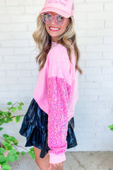 Pink Sequin Patchwork Long Sleeve Pullover Top