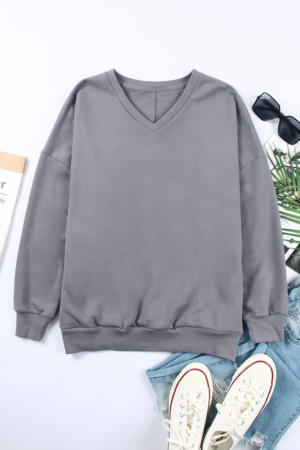 Gray Ribbed V Neck Drop Shoulder Sweatshirt