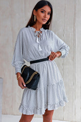 White Polka Dot Fringed Tie V-neck Ruffle Dress
