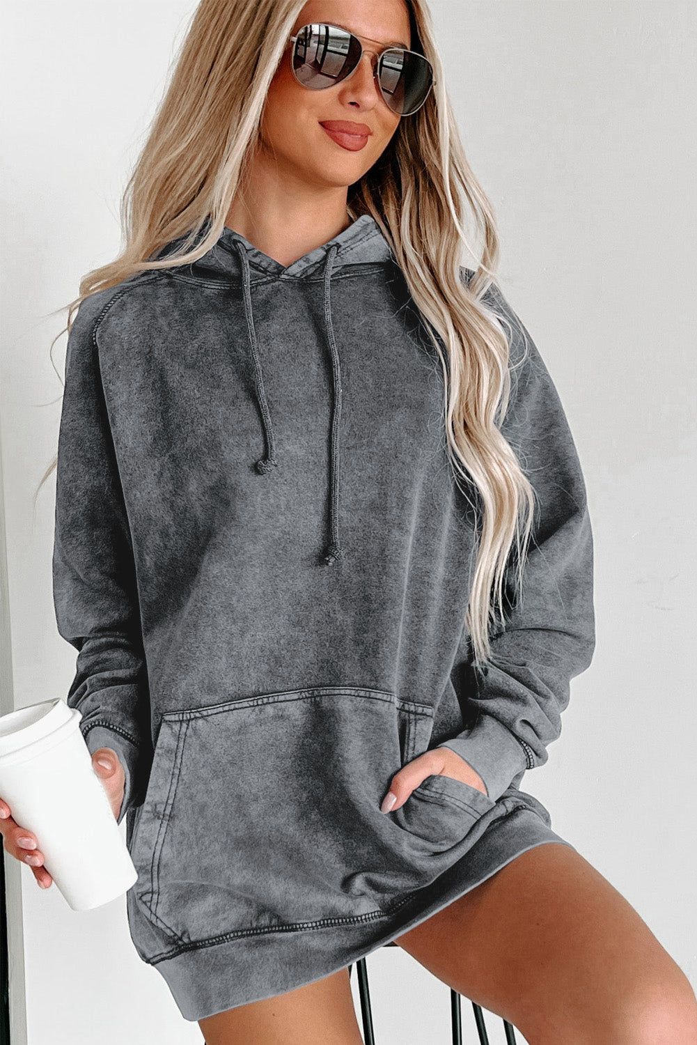 Mineral Wash Kangaroo Pocket Drawstring Pullover Hoodie