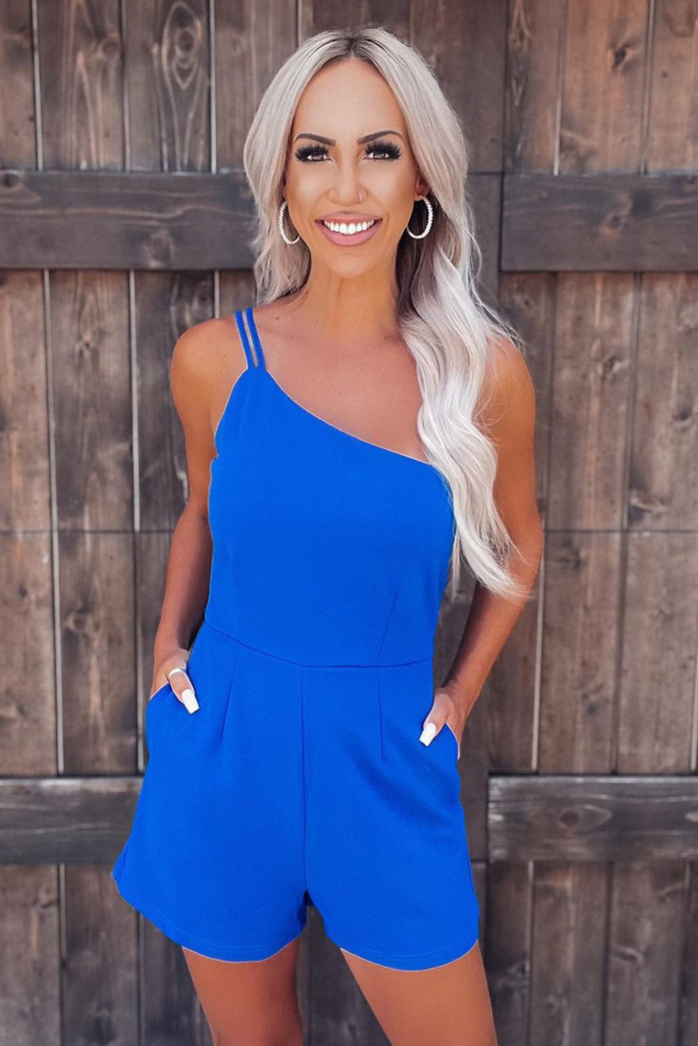 Black Blue One Shoulder Invisible Zip Side Pocketed Romper