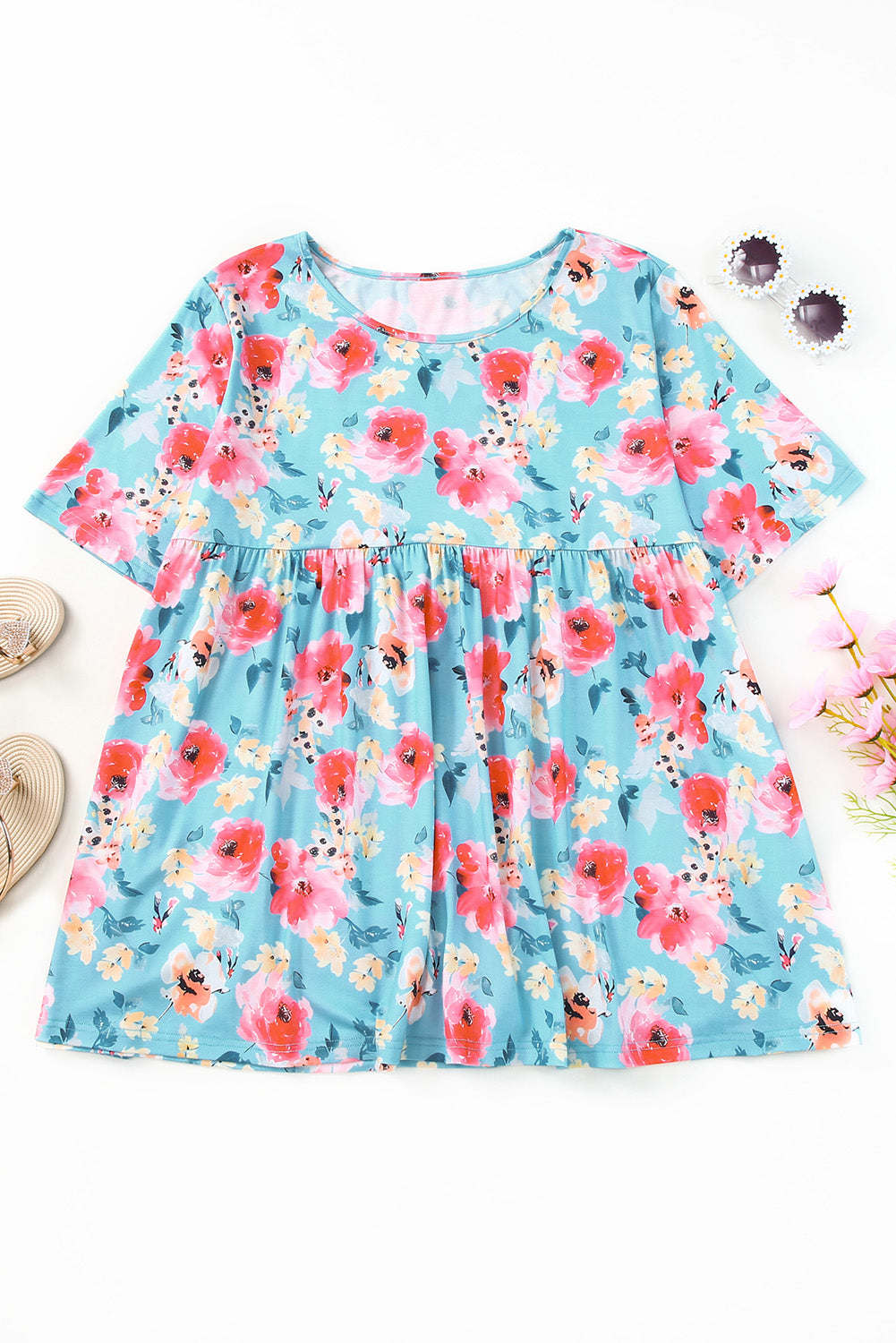Sky Blue Boho Print Sleeveless High Waist Long Floral Dress