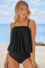 Black Draped Spaghetti Straps One-piece Swimwear