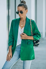 Green Lapel Collar Pocketed Satin Blazer