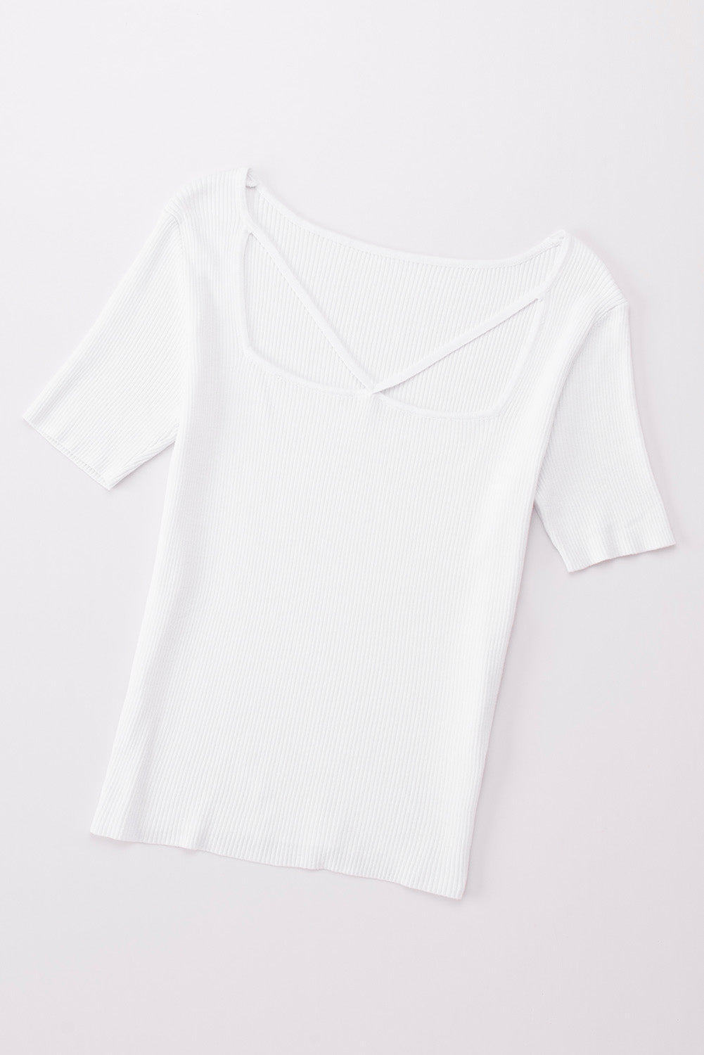 White Square Neck Cut out Ribbed Knit Short Sleeve Top