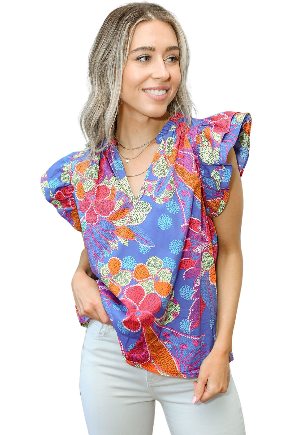 Blue Split V Neck Flutter Floral Top