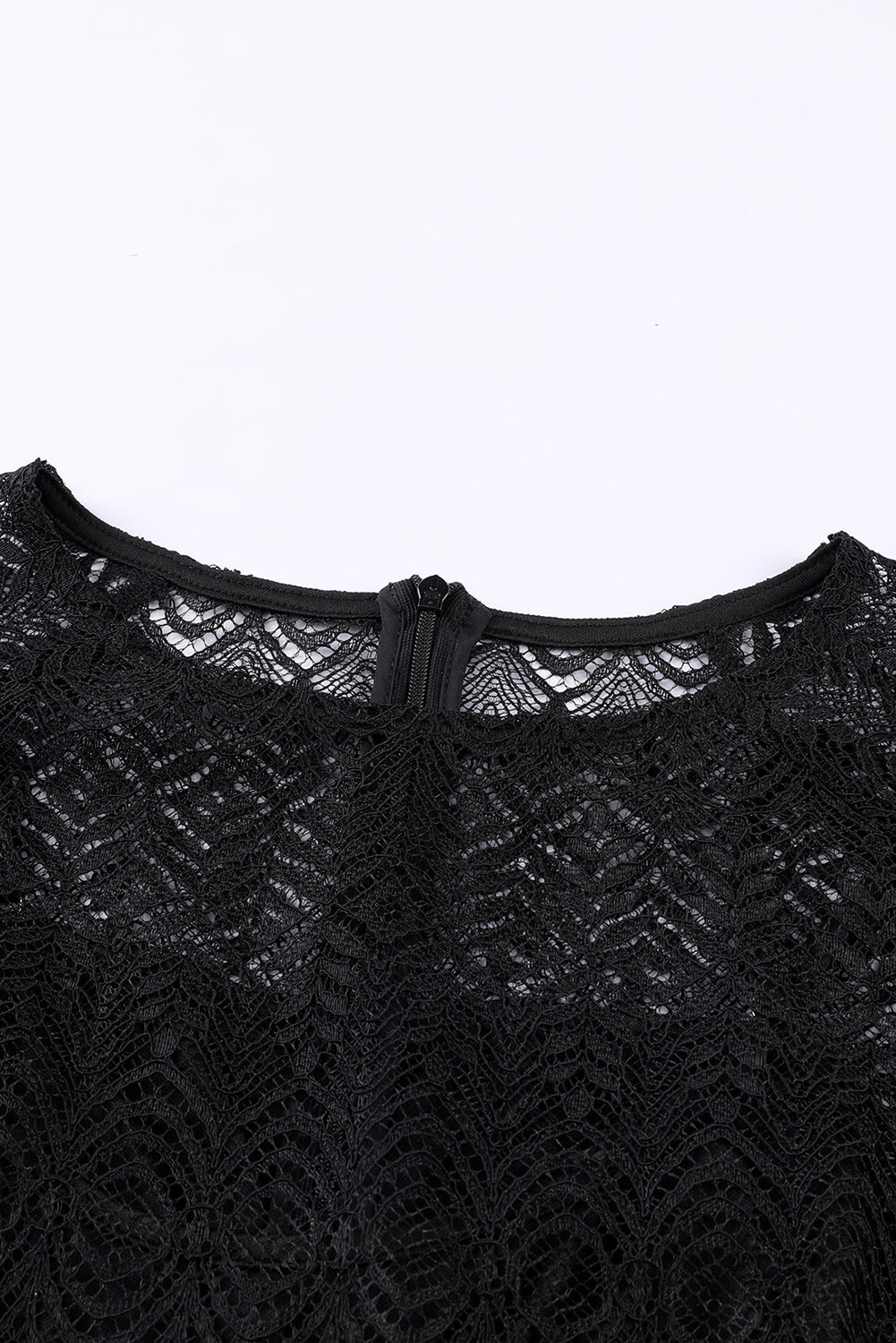 Black Solid Color Lace Crochet Zipped Midi Dress