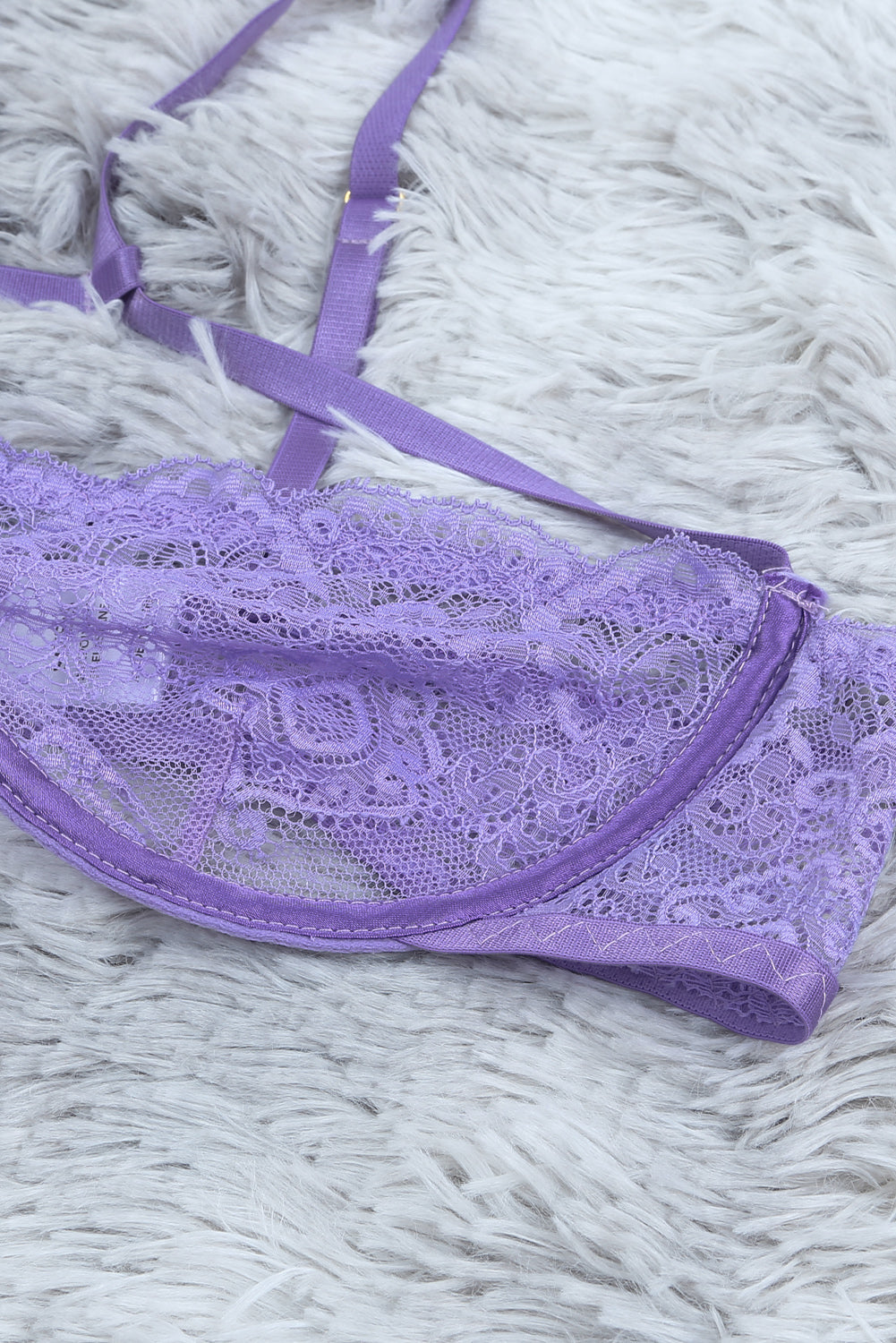 Purple Sheer Lace Asymmetric Strappy 2pcs Lingerie Set