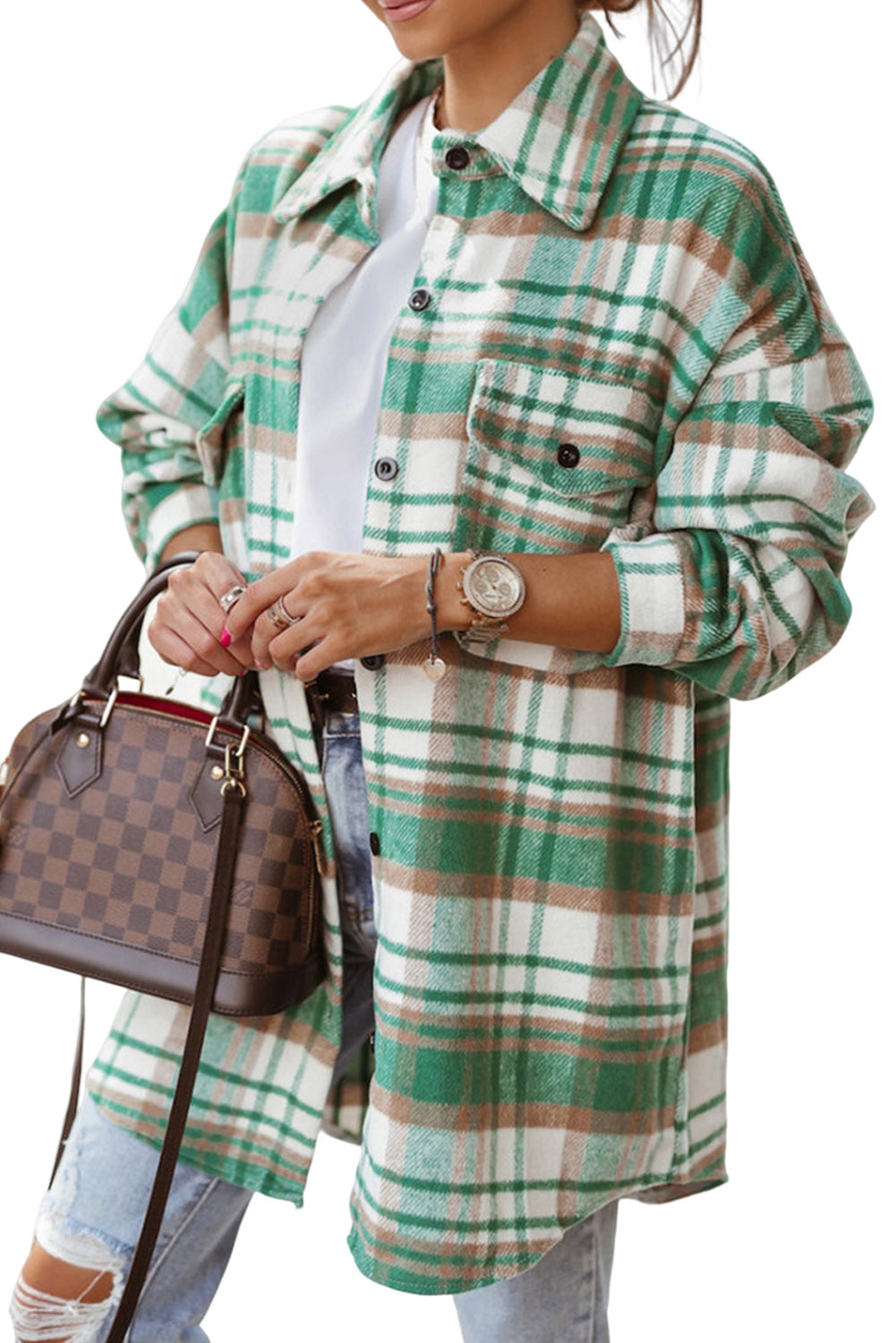 Green Plaid Flap Pocket Long Sleeve Shacket