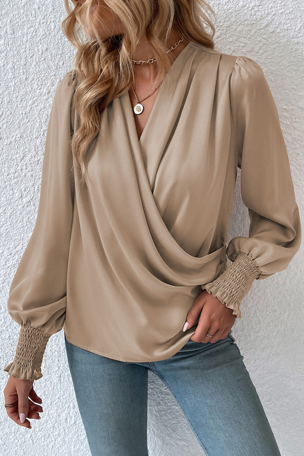 Black Solid Surplice Neck Shirred Cuffs Draped Blouse