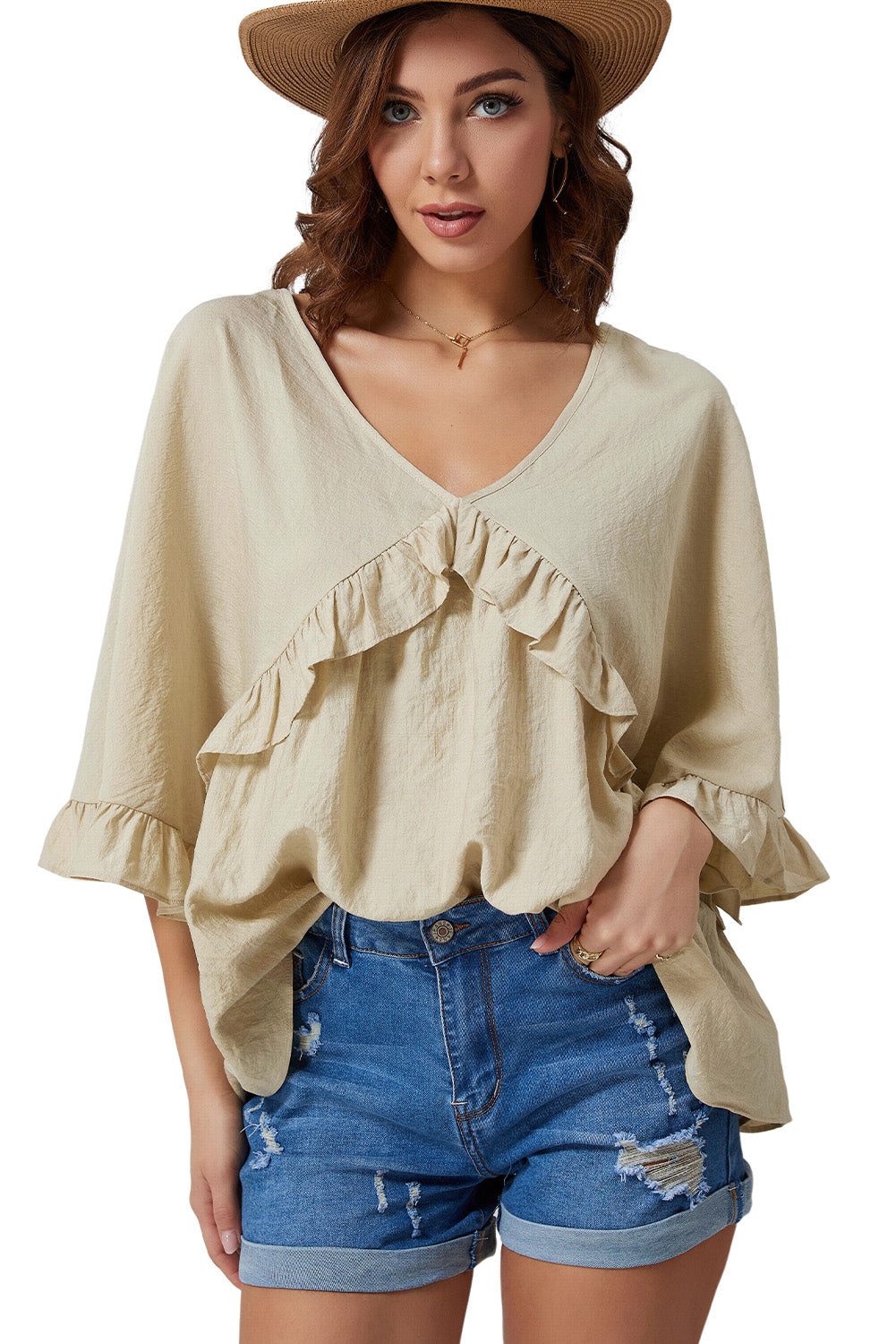 Apricot V Neck Draped Batwing Sleeve Ruffle Top