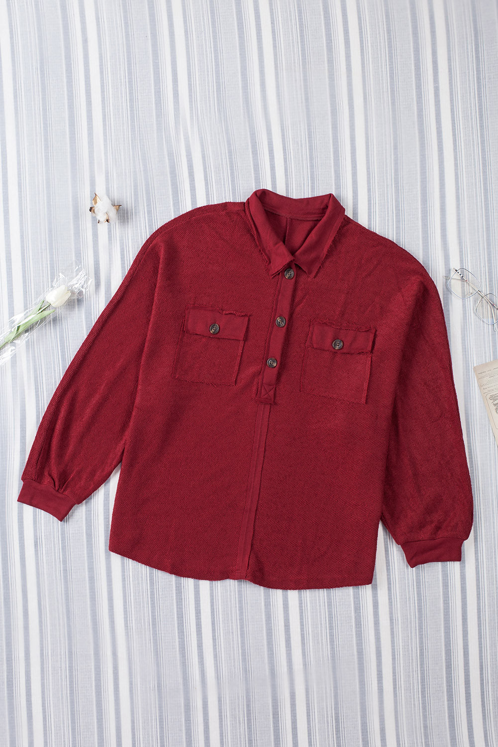Black Polo Collar Buttoned Patchy Top with Pockets